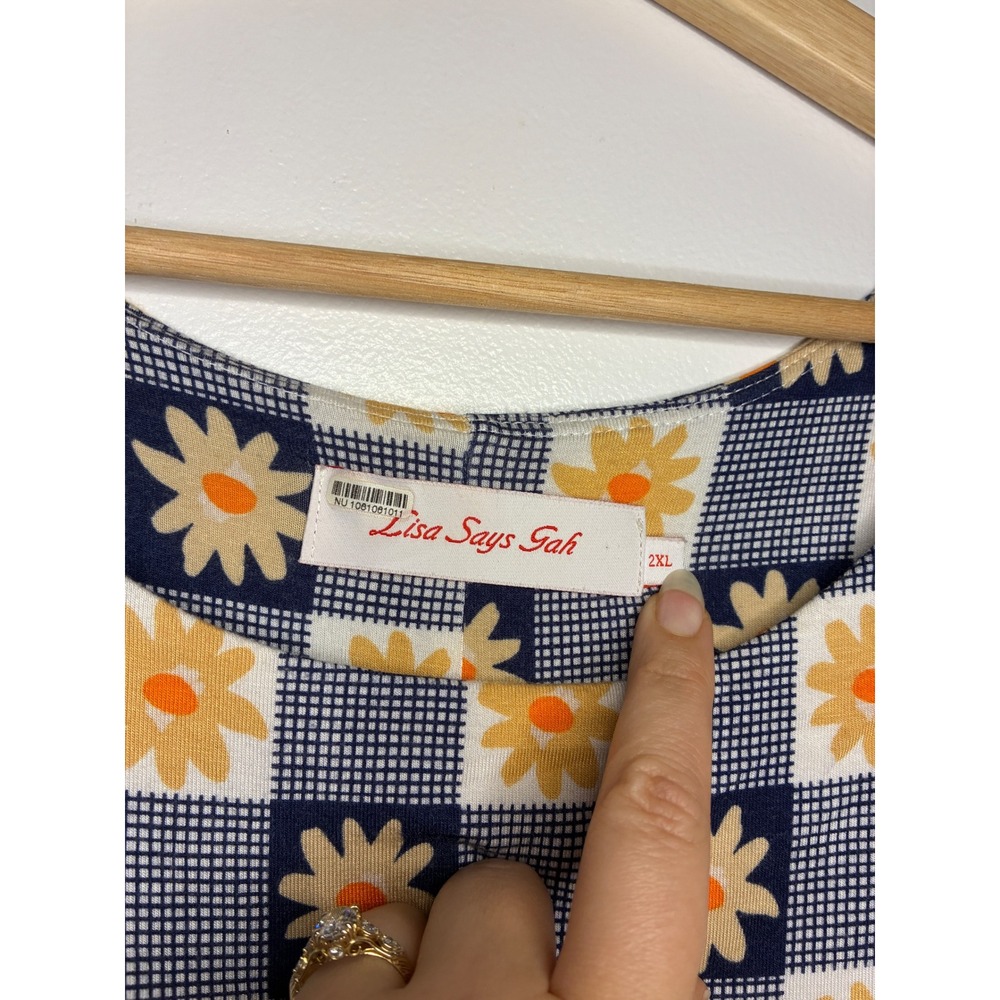 Lisa Says Gah Dress Women 2XL Blue White Daisy Gingham Ruched Back Midi Tank - Picture 3 of 8